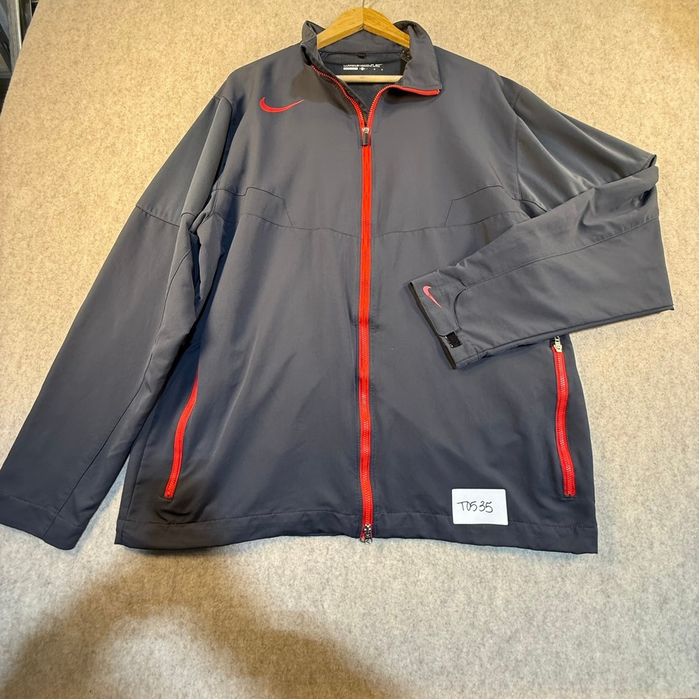 Nike Golf Mens Full Zip Jacket Gray Red Swoosh Mock Neck Windbreaker Large